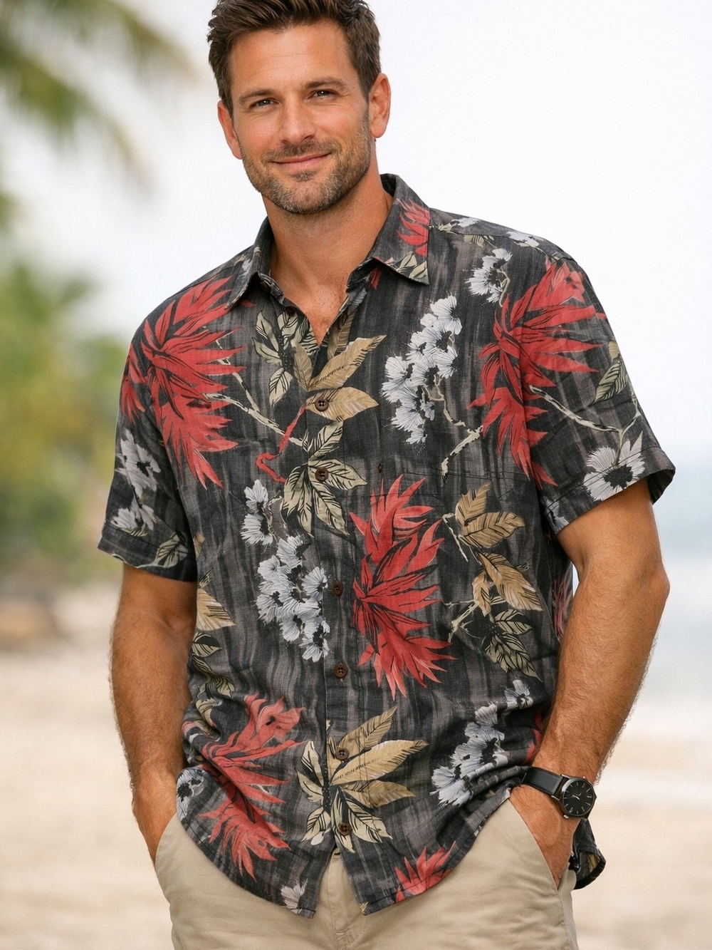 Tommy Bahama Black Short-Sleeve Hawaiian Shirt with Red & Tan Floral